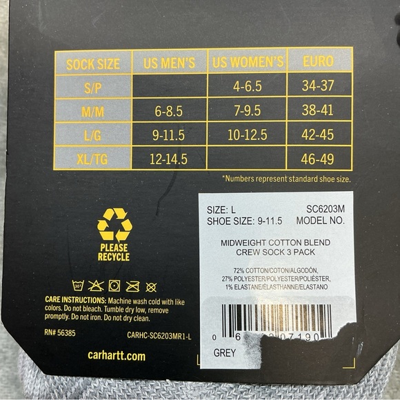 Carhartt Classic Midweight Cotton Blend Crew Sock 3pk Mens 9-11.5 ribbed durable - Picture 3 of 7
